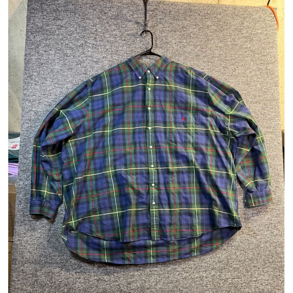 Ralph Lauren Plaid Button Down Shirt Mens 4XB Blue Green Cotton Long Sleeve Pony